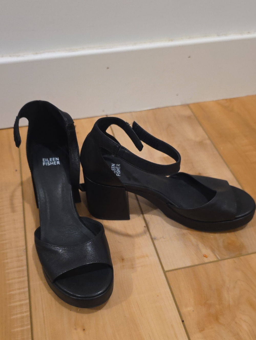 Eileen Fisher Black Leather Block Heel Sandals with Ankle Strap